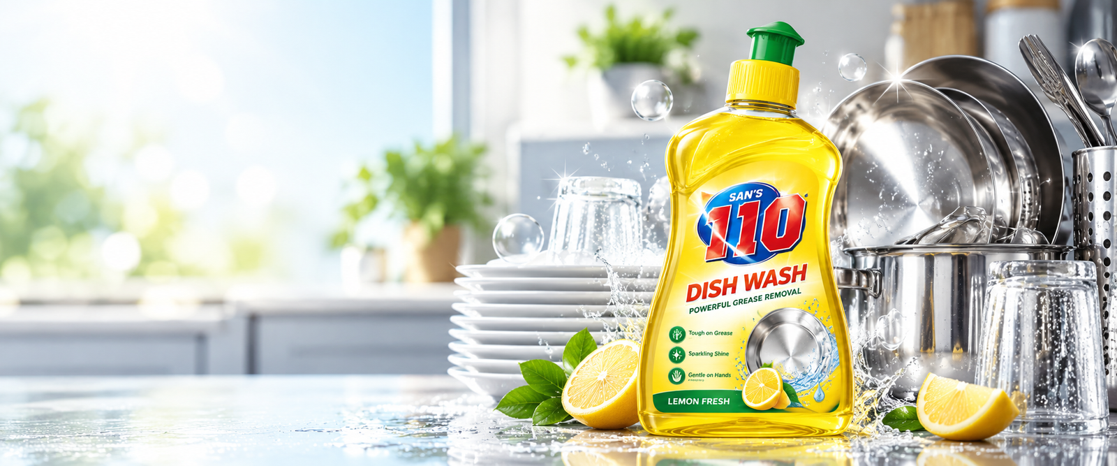 SAN'S 110 Lemon Fresh Dish Wash with clean utensils